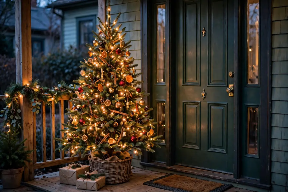 Traditional Christmas tree by the door