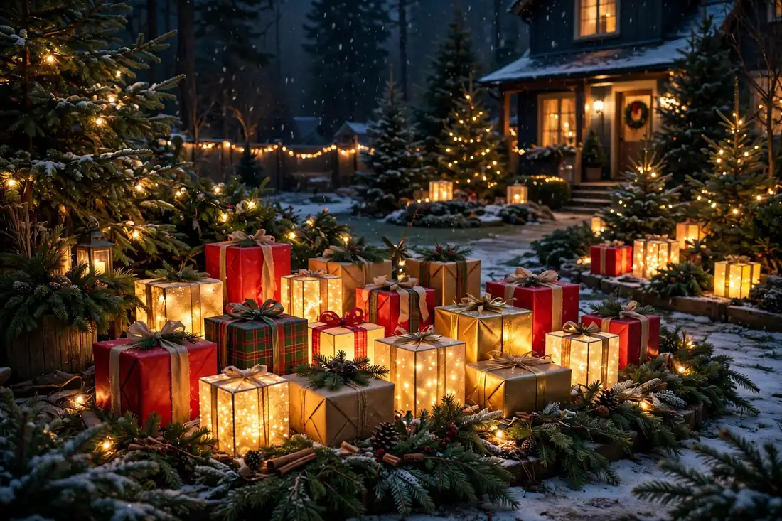 Lighted gift boxes in a yard