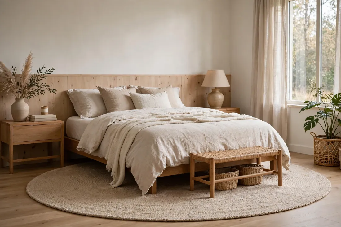 Beige round bedroom rug