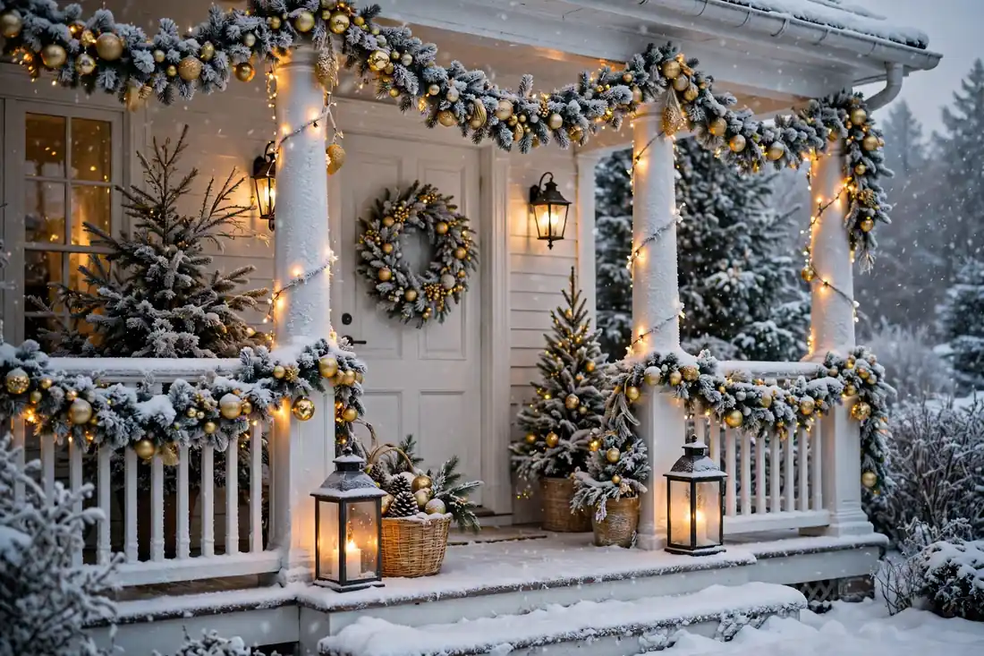 Snowy white and gold front porch