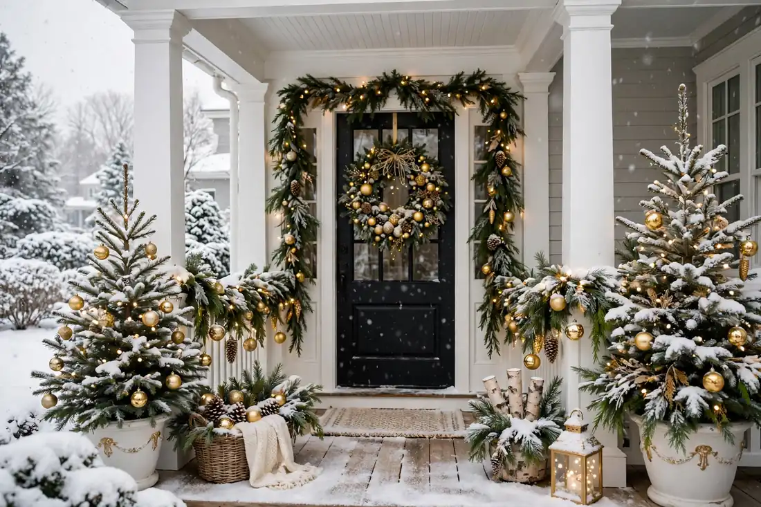 Snowy white and gold front porch