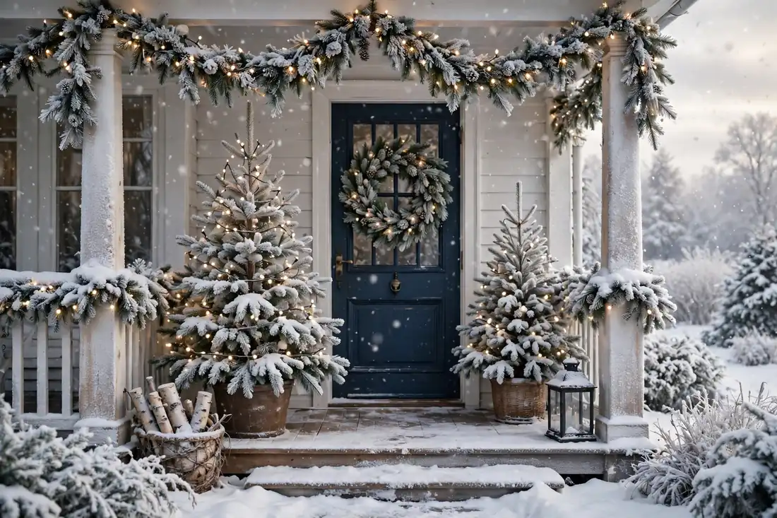 Snowy white Christmas porch