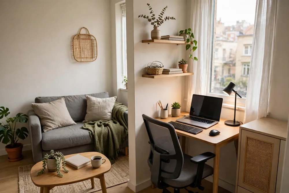 Small apartment office in living room