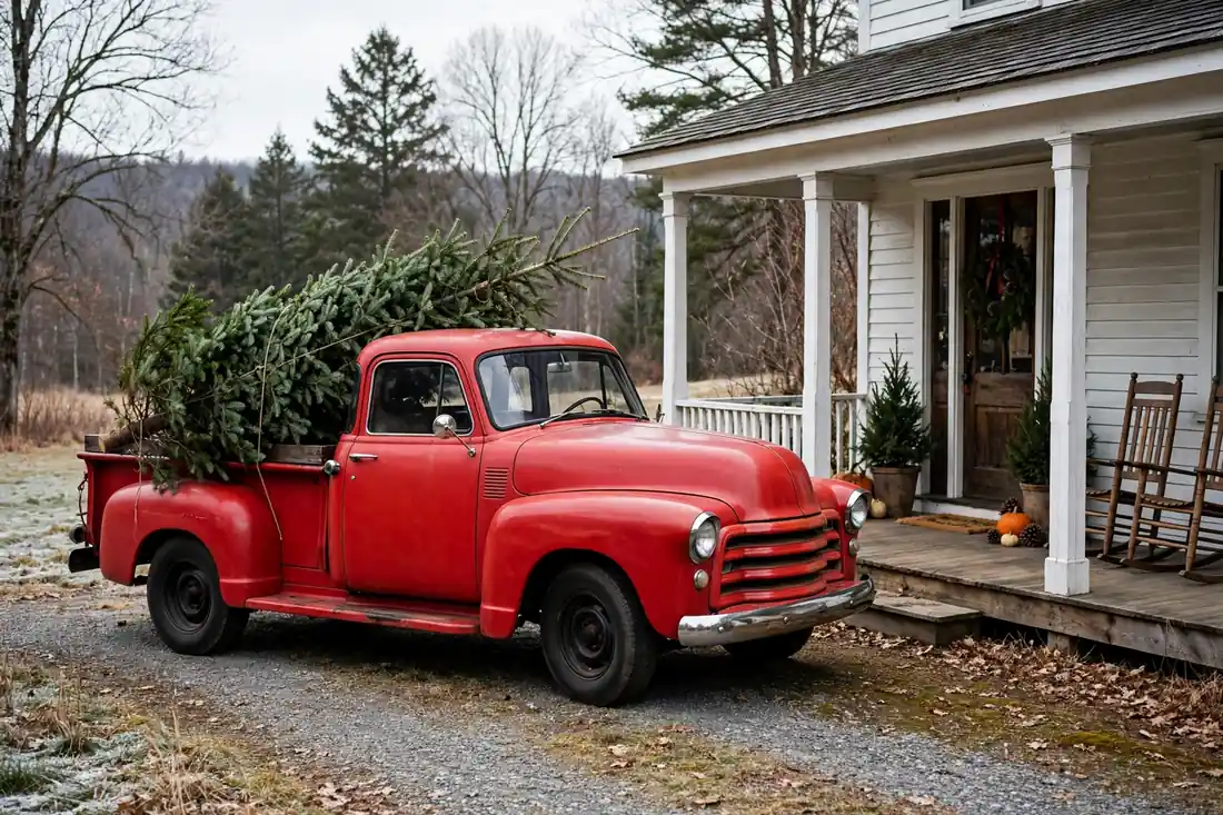 Classic red truck with Christmas tree by a porch