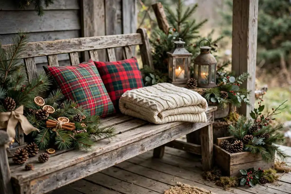Rustic Bench with Plaid Cushions