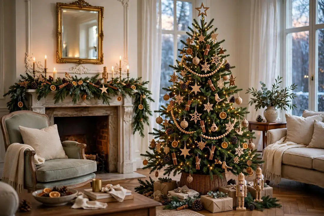 Tree with wooden ornaments