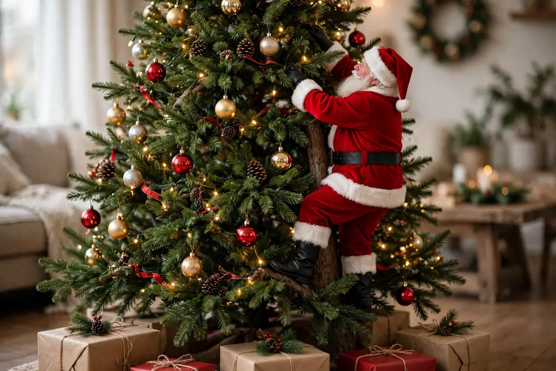 Santa climbing tree