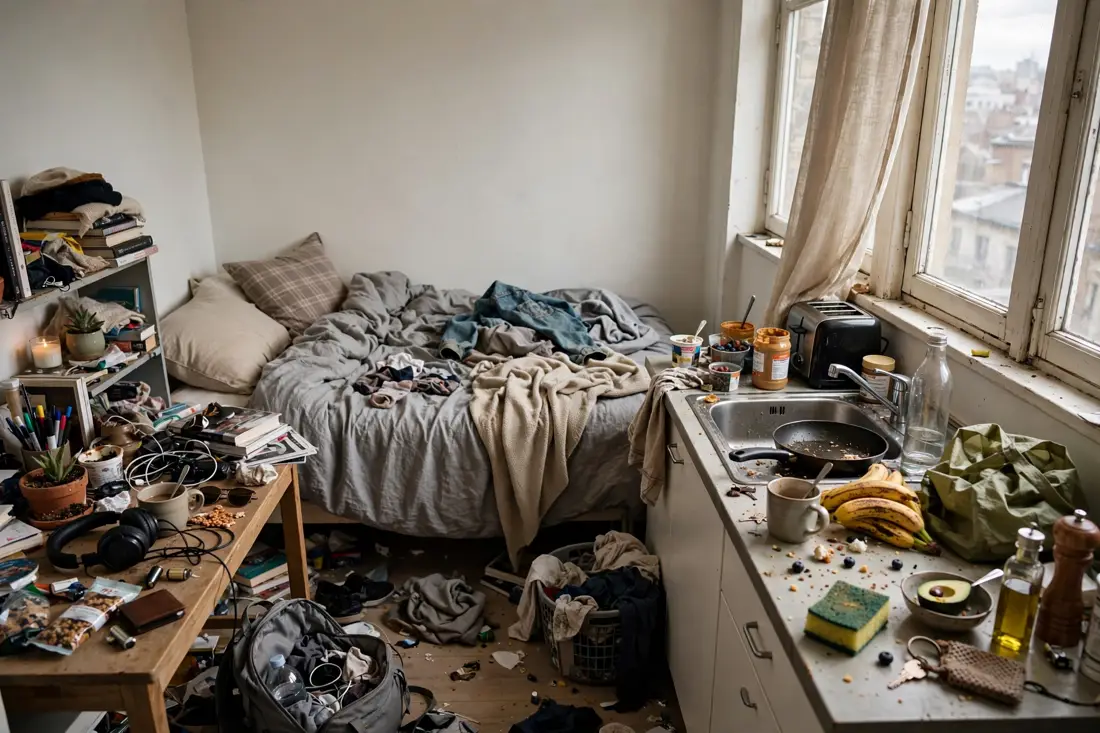 Studio apartment cluttered surfaces mistake