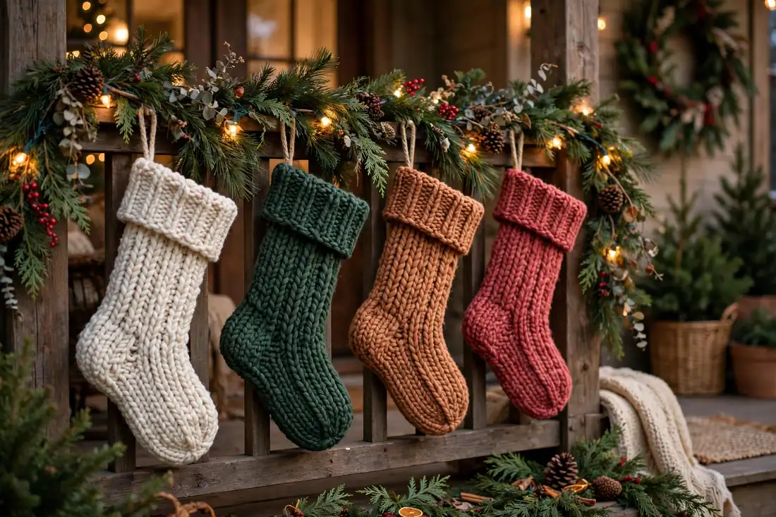 Cozy knit stockings on a porch rail