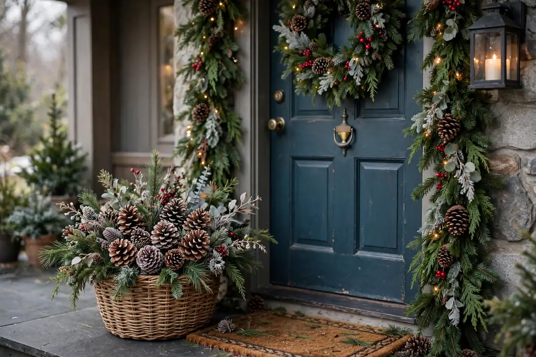 Entryway basket with pinecones