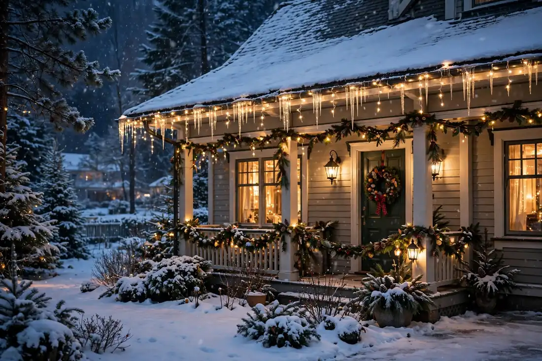 Icicle lights on a roofline