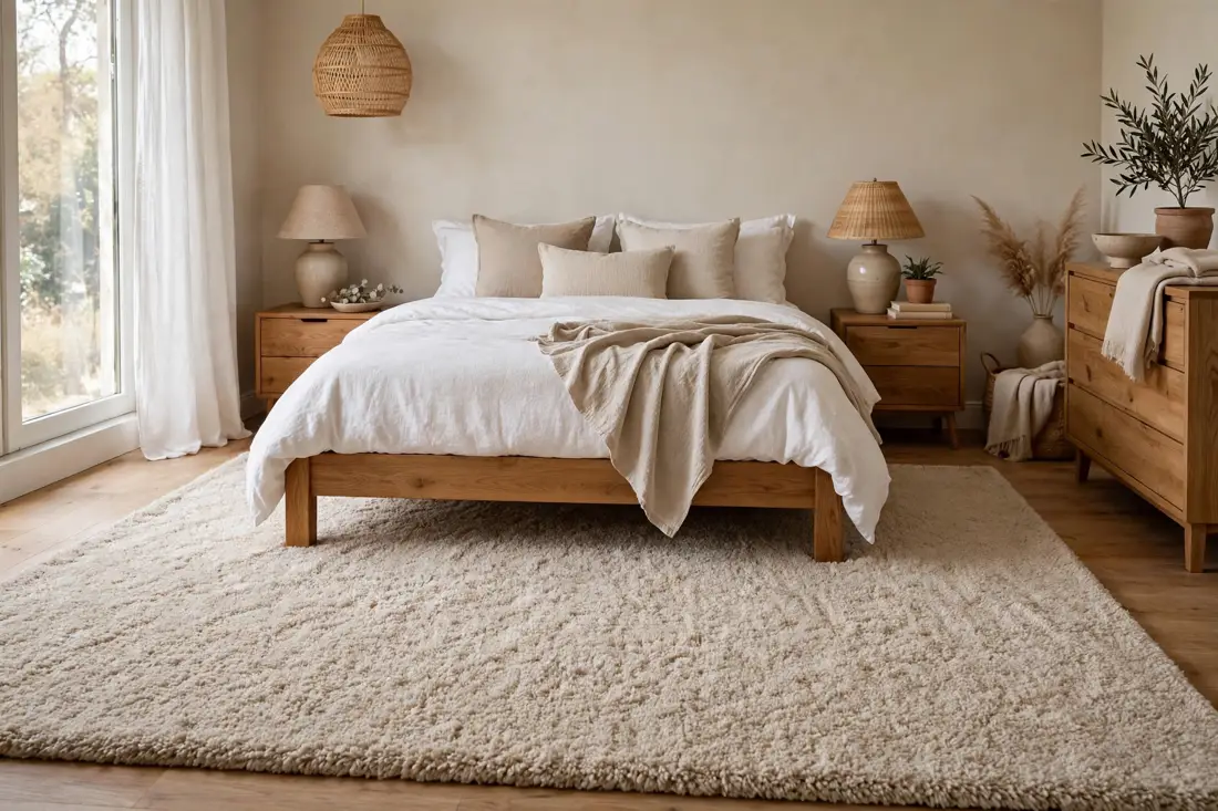 Large beige bedroom rug