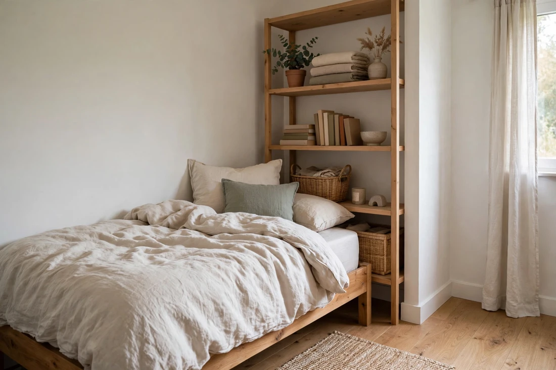 Small room layout with bed and shelving