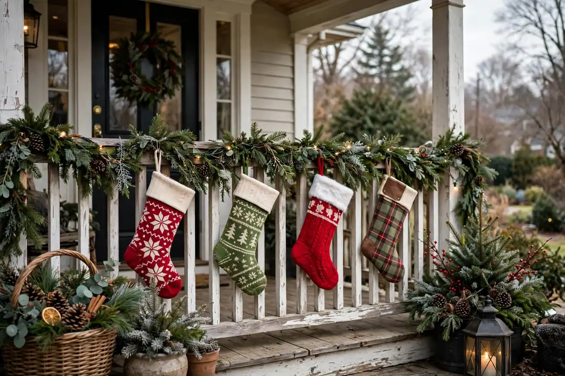 Stockings on front porch rail