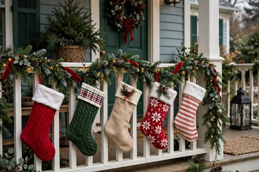 Stockings on a Christmas porch rail