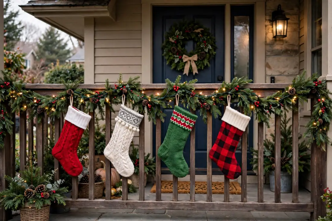 Stockings on a front porch rail