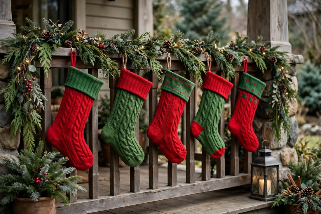 Traditional stockings on a porch rail
