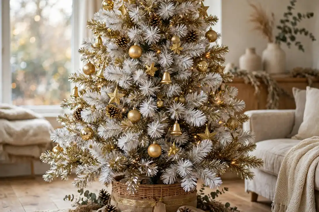 White and gold tinsel tree