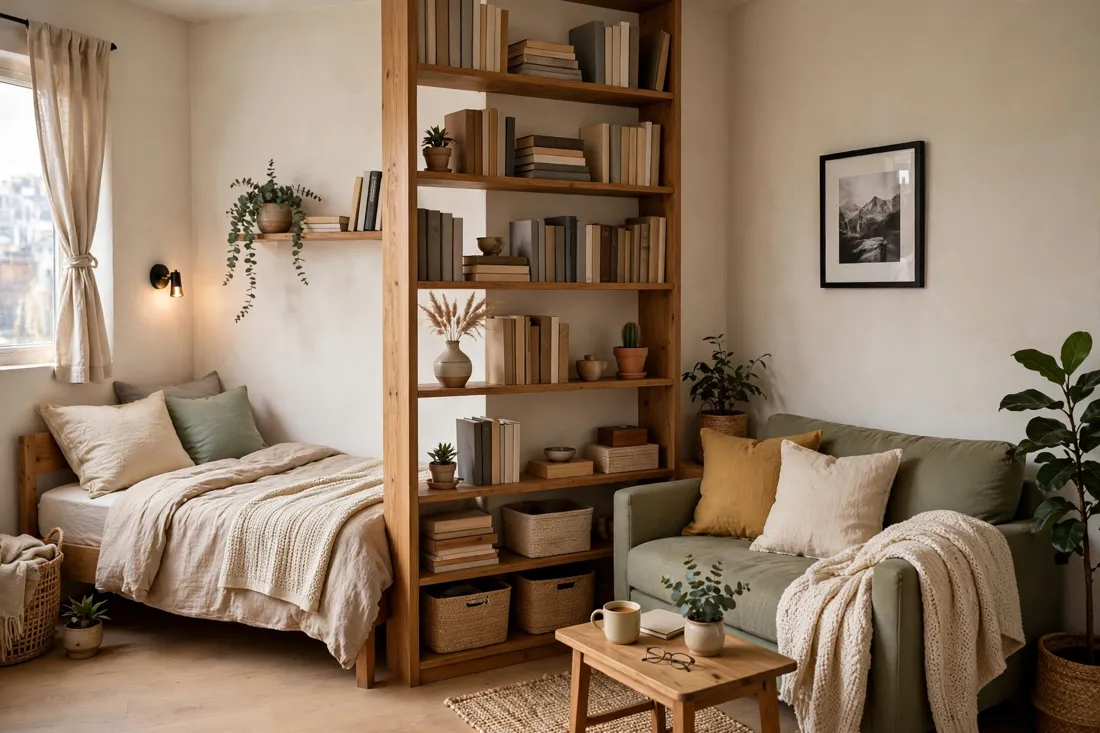 Bed and couch with bookshelf