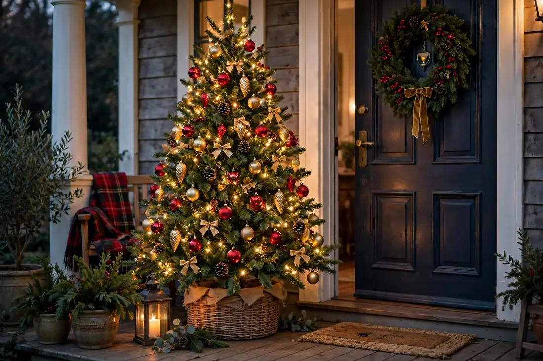 Christmas tree by a front door