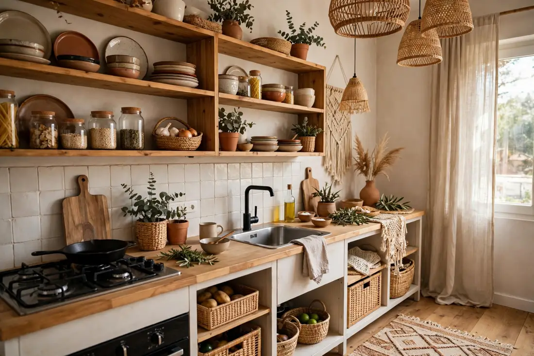 Boho kitchen shelves