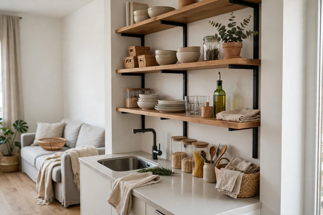 Studio apartment open shelving tip