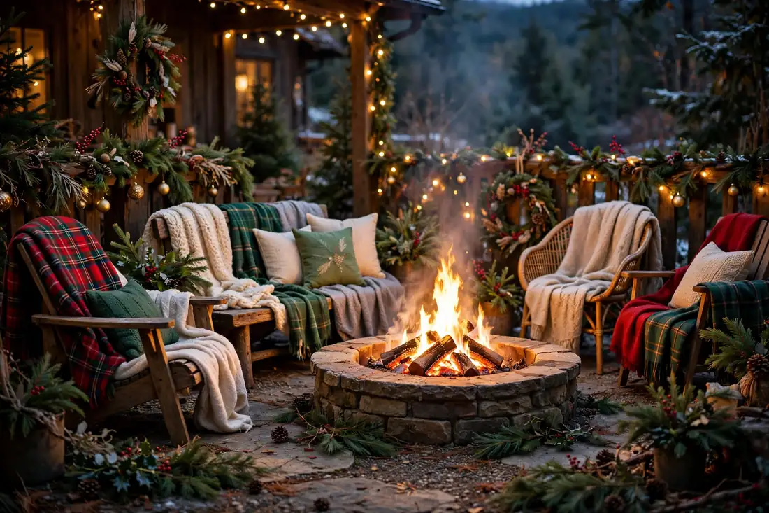 Outdoor fire pit with blankets
