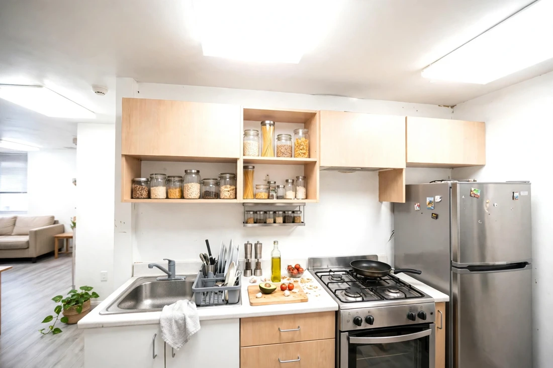 Studio apartment overly bright kitchen mistake