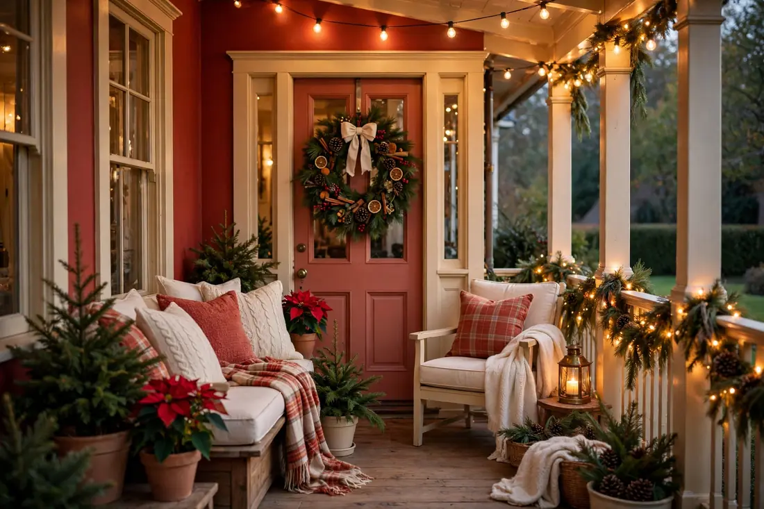 Warm red and cream Christmas porch