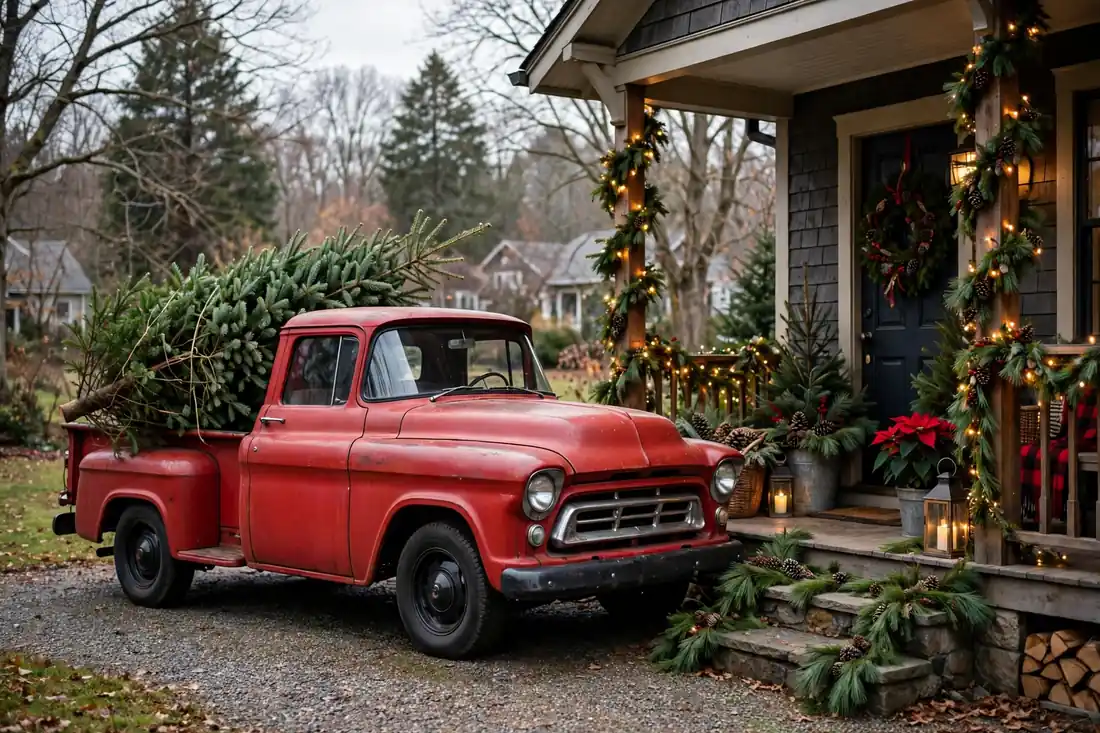 Red truck with tree by a front porch