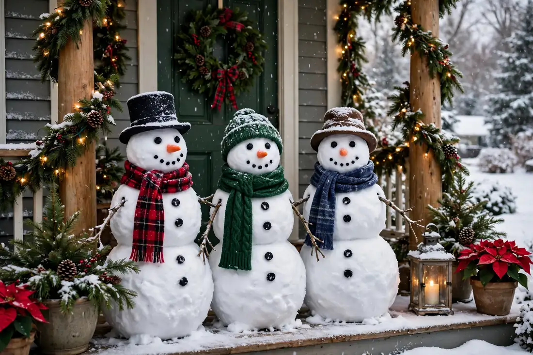 Classic snowman figures on a Christmas porch