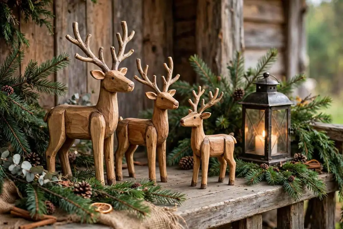 Rustic Wooden Reindeer and Pine
