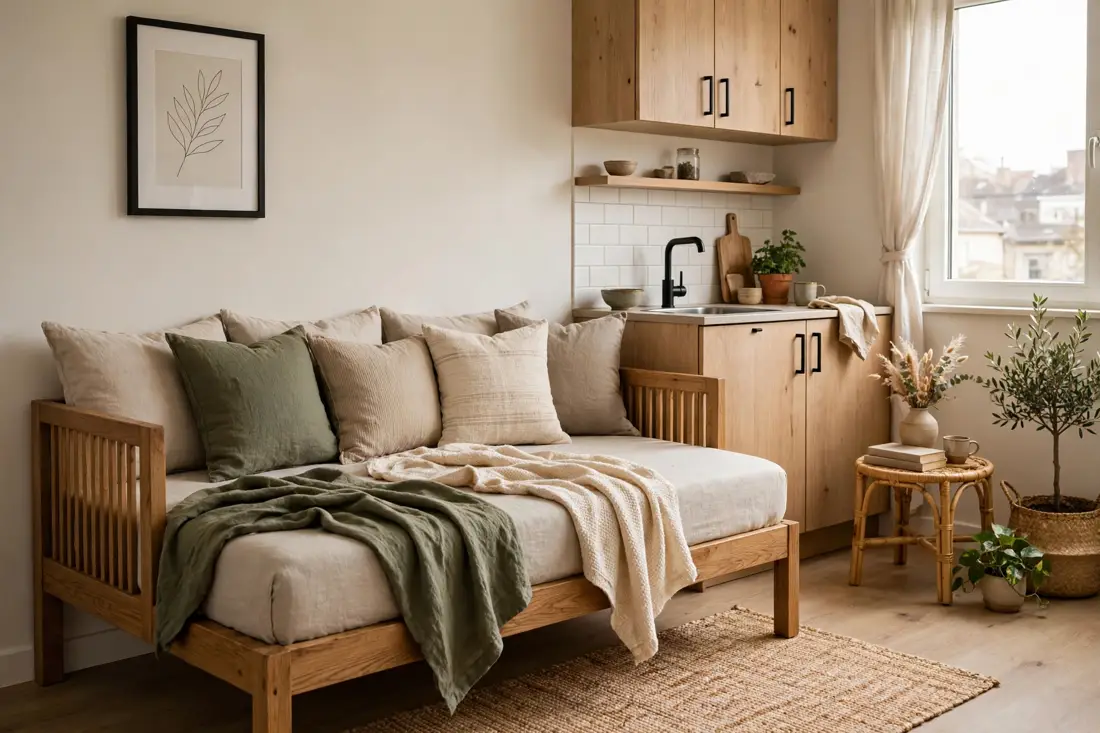 Studio apartment bed as a bench