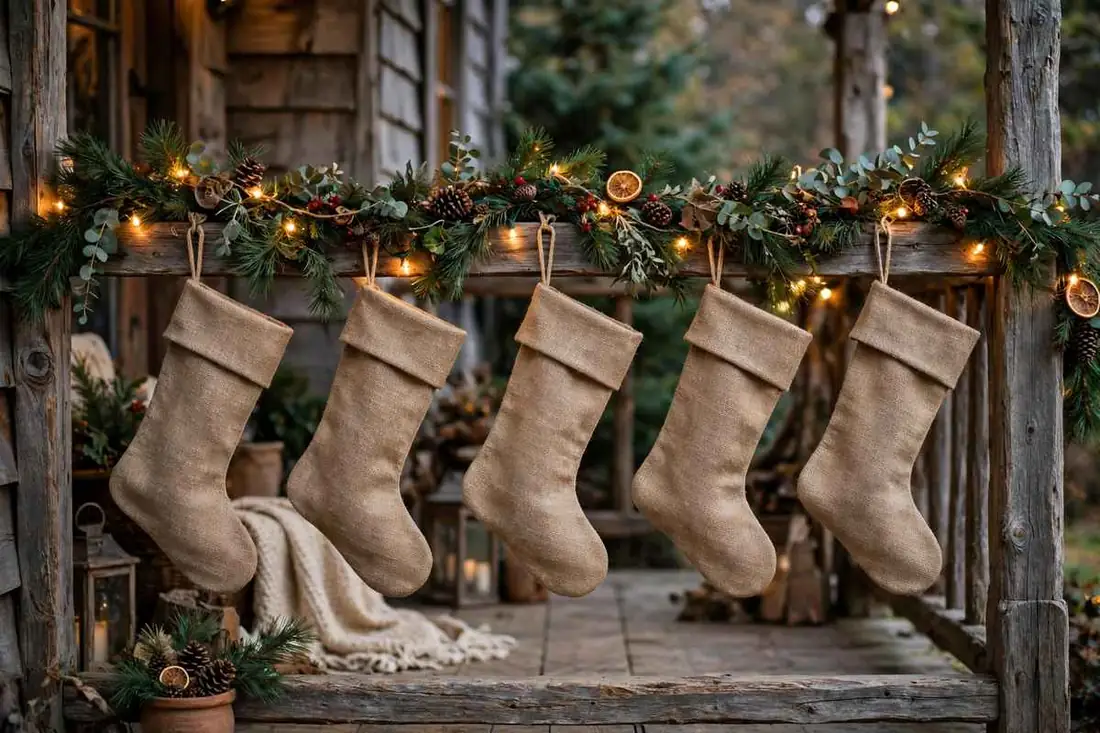 Burlap Stockings on Porch Rail