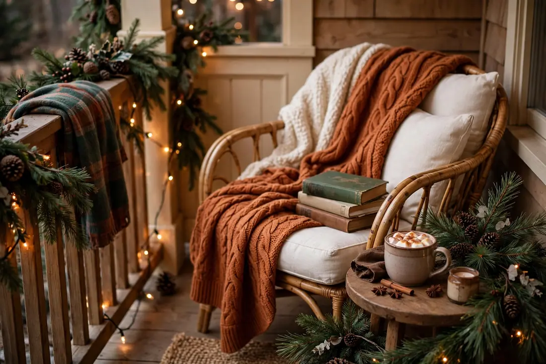 Cozy porch nook with books and blanket