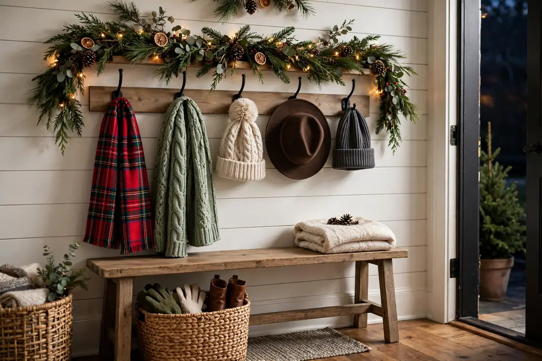 Entryway coat hooks with scarves and hats
