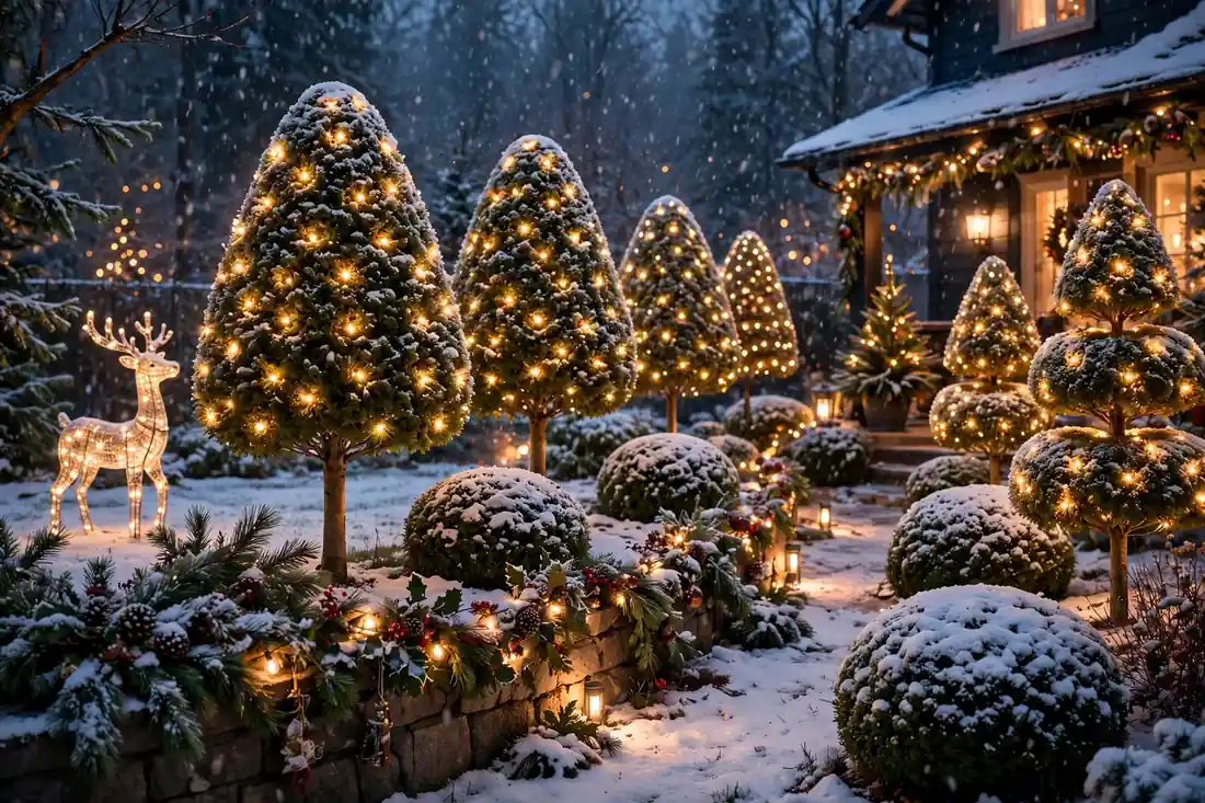 Lighted topiary trees outdoors