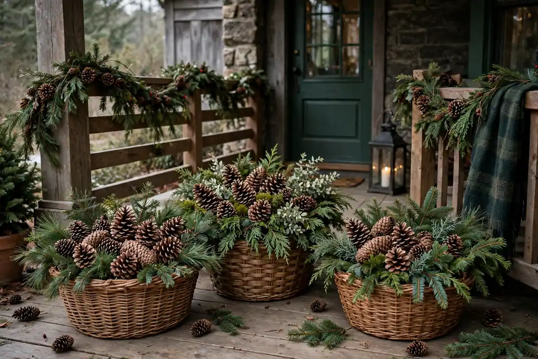Pinecone baskets on a Christmas porch