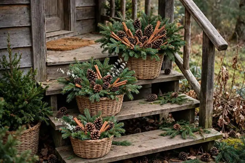 Pinecone and Evergreen Basket Porch
