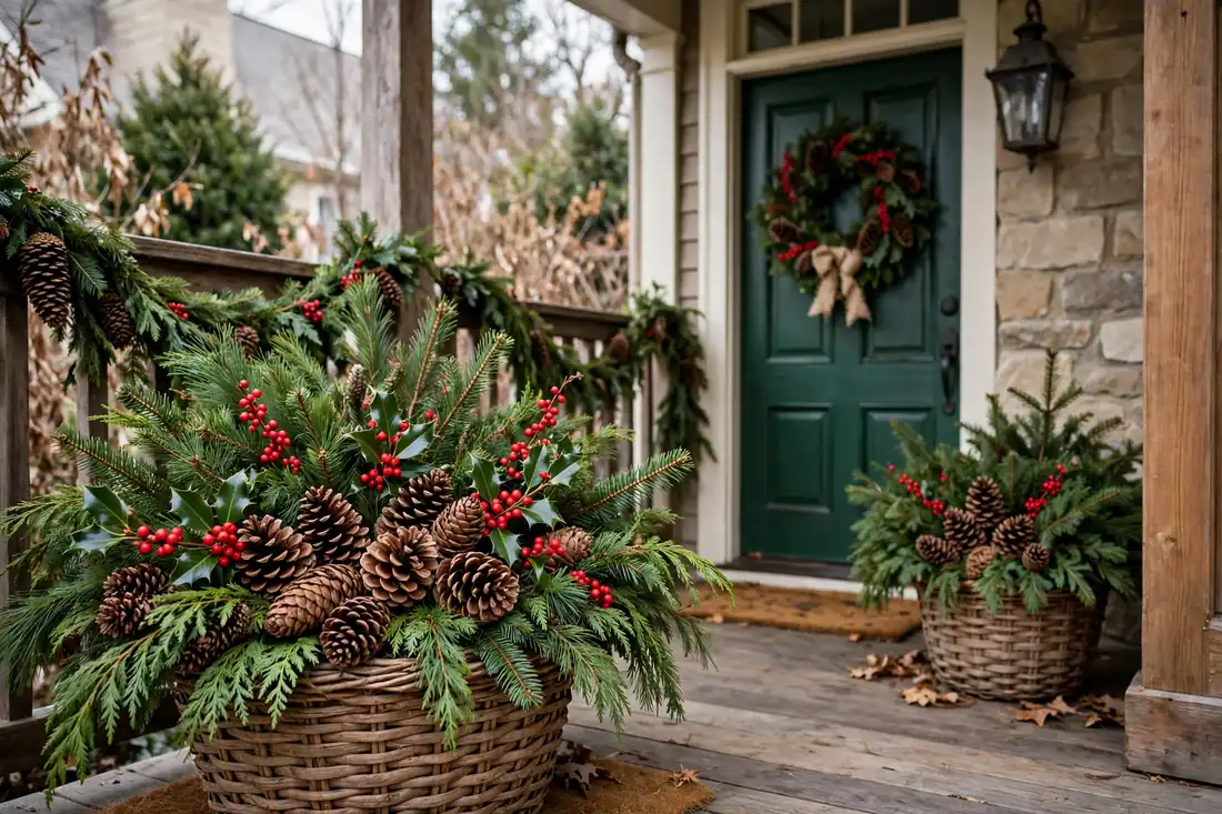 Pinecone and evergreen baskets