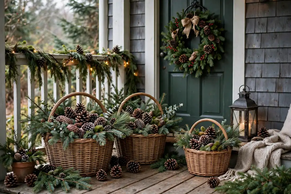 Pinecone and evergreen baskets
