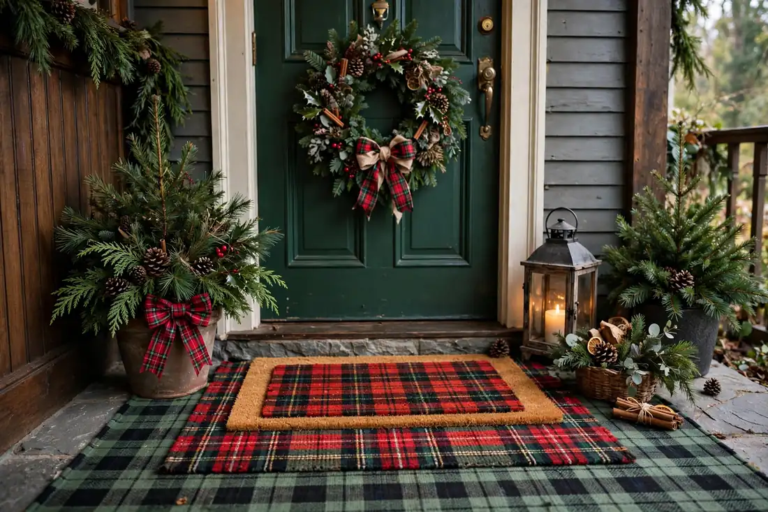Traditional plaid doormat layers at a front door