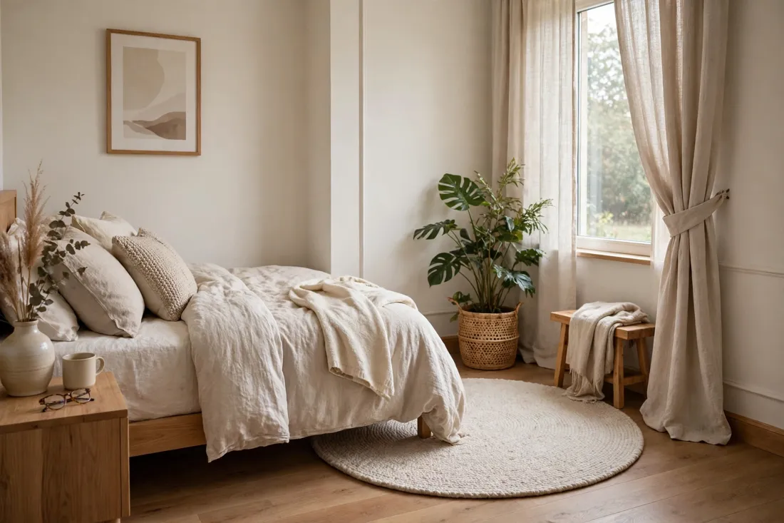 Round rug in bedroom corner