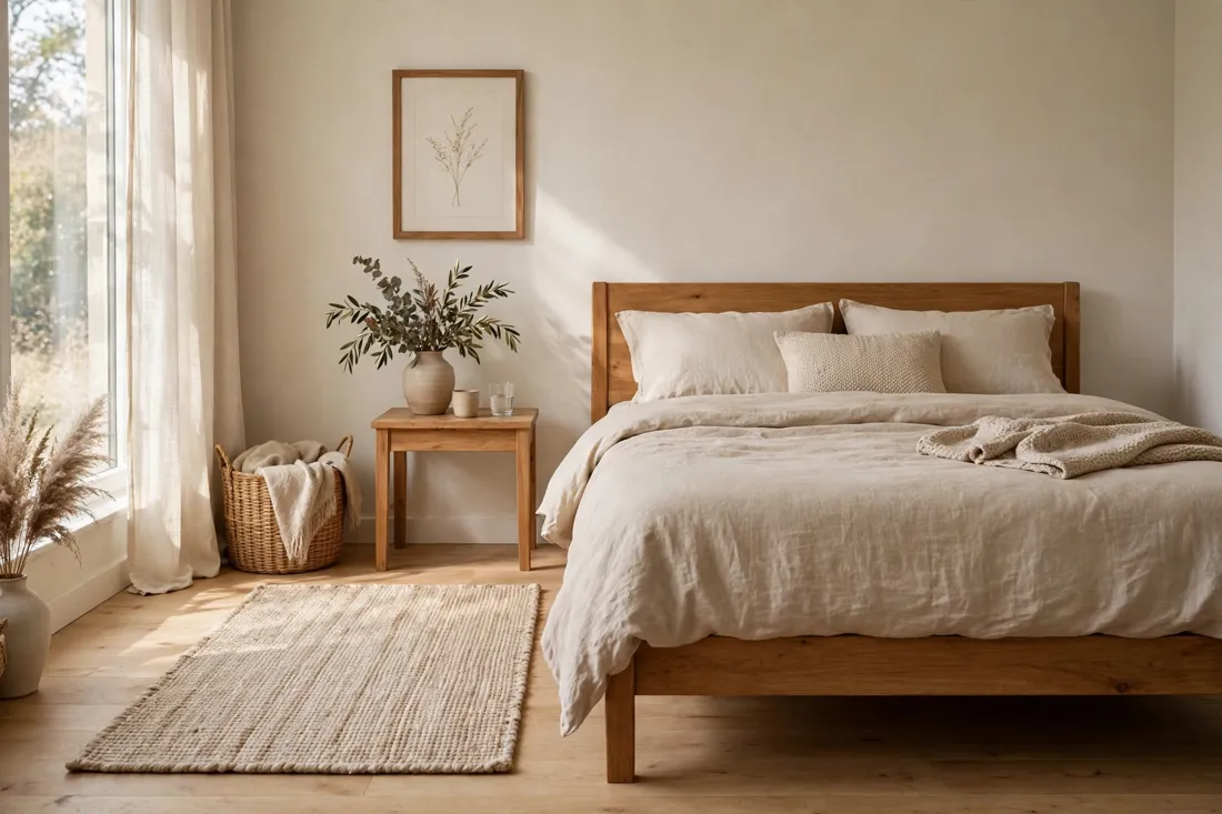 Beige rug beside bed