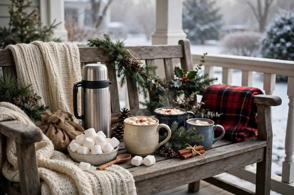 Hot Cocoa Station on a Porch Bench