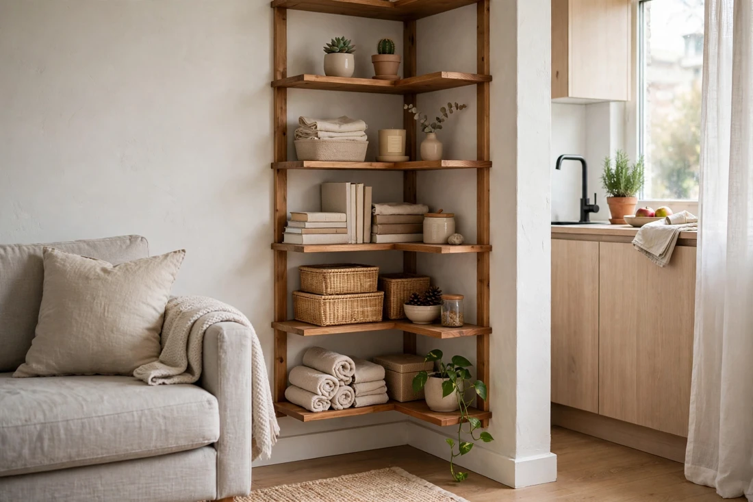 Small apartment corner shelving