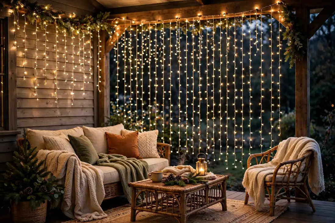 Twinkling curtain lights on a porch