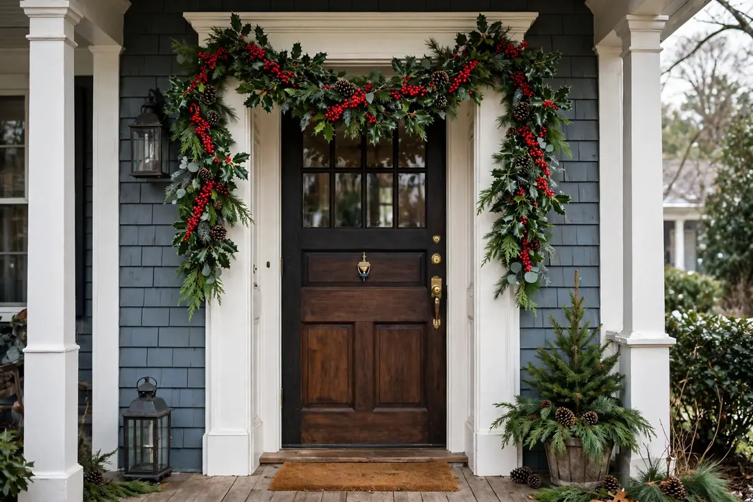 Holly and berry swag on a porch door