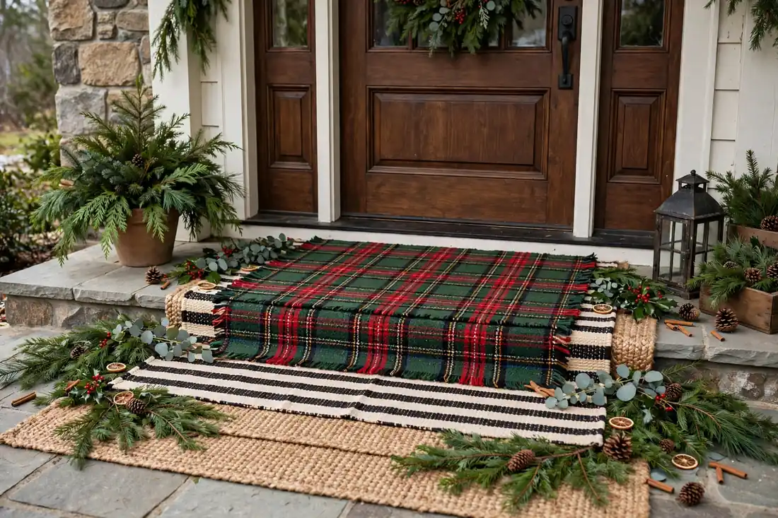 Layered doormats at a Christmas porch