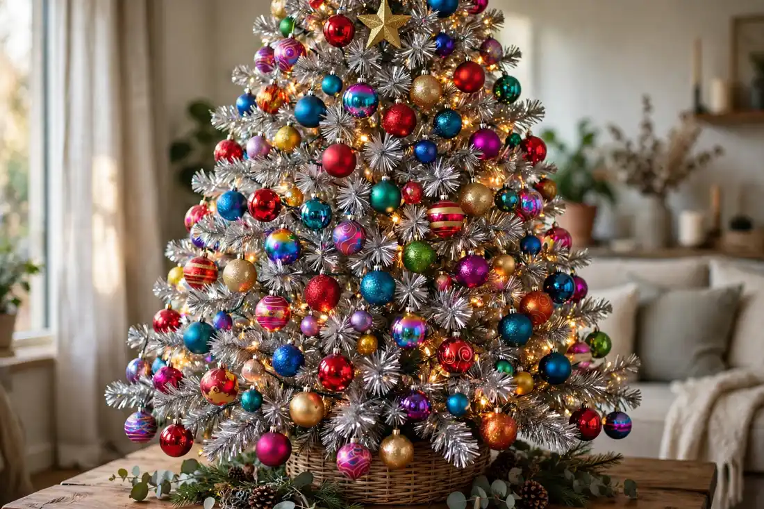 Tinsel and ornaments tree